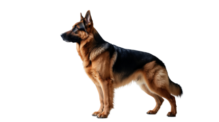 Full length side view of a German Shepherd standing tall, PNG with alpha channel for outdoor and security dog concepts