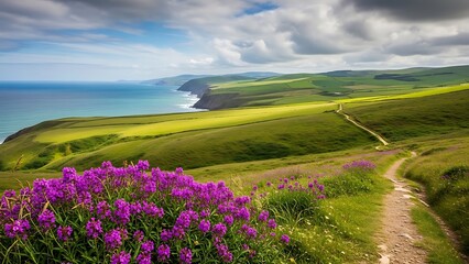 Scenic coastal path winding through vibrant green rolling hills with purple wildflowers overlooking the bright blue sea under a dramatic cloudy sky