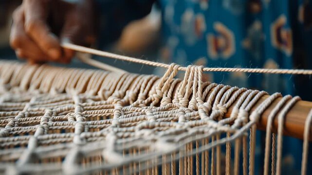 Close up of skilled hands weaving natural rope on a wooden frame, showing traditional craft, handmade textile process, patience, and artisanal work