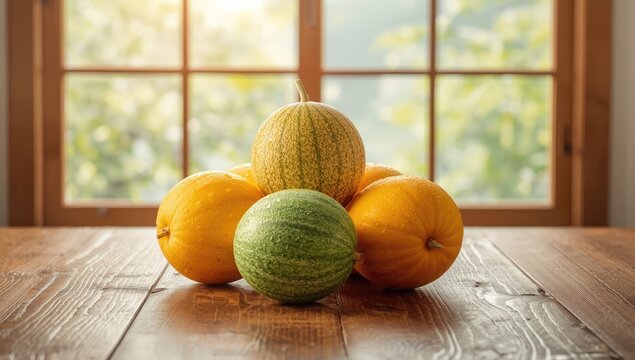 Fresh melons displayed on rustic wood surface, showcasing natural ripeness and juicy texture, suitable for seasonal fruit display