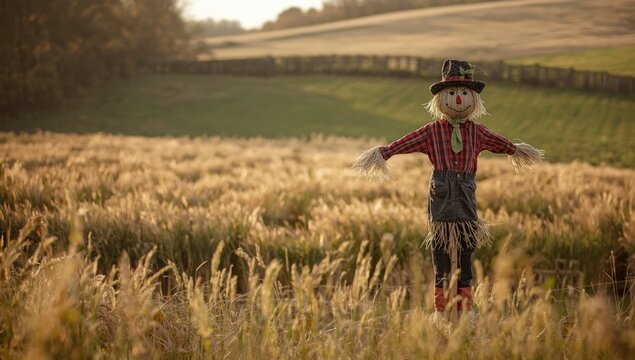 Decorative scarecrow in a rural festival setting in Lancashire, highlighting traditional craftsmanship