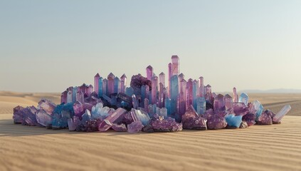 Crystals collected from a Namibian coastal environment arranged as a nature pattern for scientific study, isolated in a desert landscape