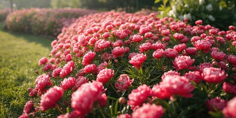 Vivid peony plants in bloom forming a lush landscape for landscape preservation efforts, Earth Day