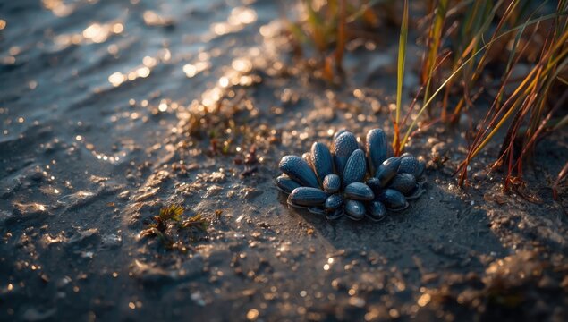 Cluster of mussels attached to mud during low tide, highlighting marine ecology, World Oceans Day