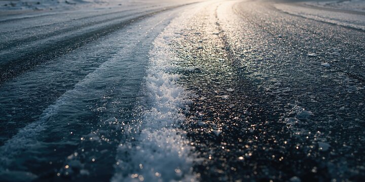 Ice-covered roadway, winter hazard highlighting traction challenges