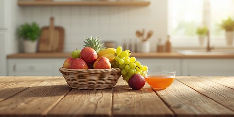 A kitchen setting featuring a fruit basket and a bowl of fresh juice, promoting nutritious choices