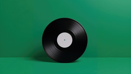 Upright black vinyl record with a plain white label used in music storage or archival setup, solid green backdrop