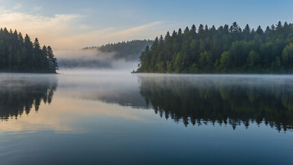 Foggy lake beside mountain
