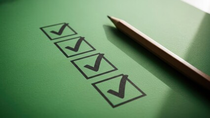 Green checklist with ticked boxes and a pencil casting a soft shadow
