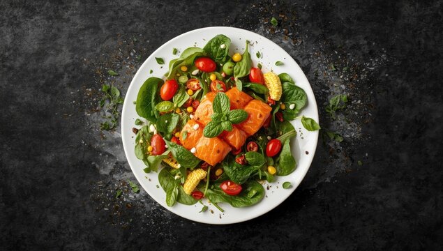 Salad composed of cherry tomatoes, spinach, and corn, emphasizing fresh ingredients for a nutritious lunch, food preparation, Earth Day - Powered by Adobe