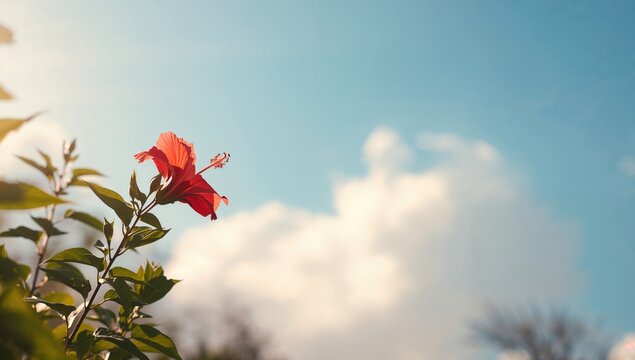 Bright red hibiscus blossom with a blue sky backdrop, ideal for background design