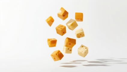 Obraz premium Flying cheese cubes used as a protein-rich snack ingredient, emphasizing freshness and quality