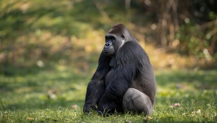 Adult black gorilla seated outdoors on grassy terrain during daytime, showcasing wildlife observation