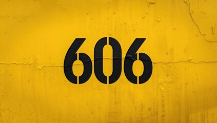 Number six hundred six painted in stencil on a yellow wall serving as a decorative urban surface