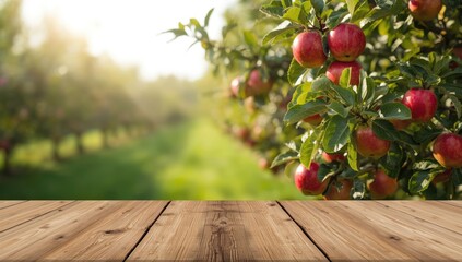 Wooden table top with apple tree background for display or wooden montage, ideal for layout backgrounds, World Environment Day