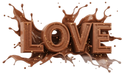 Chocolate LOVE text splash isolated with particles