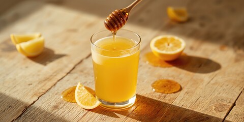 Lemon and honey in a glass on a wooden surface, natural remedies for wellness