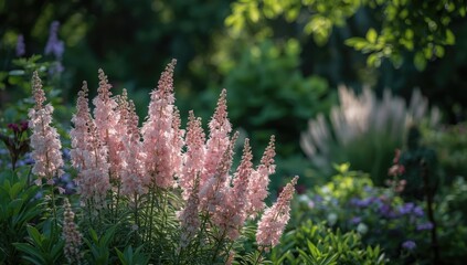 Clustered pink astilbe blooms in a garden setting, ornamental plants for shaded areas