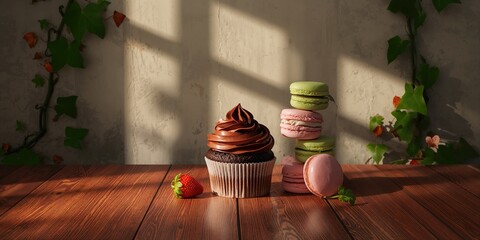Assorted baked confections including cupcakes and French macaroons, with a focus on presentation for a pastry shop