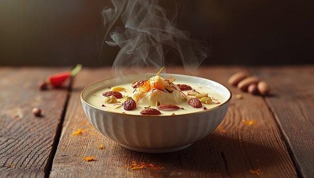 Dessert bowl of mixed fruit rabdi featuring dried fruits and condensed milk, ideal for holiday gatherings