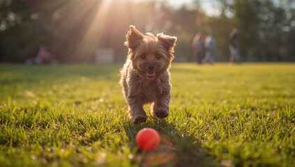 Small Yorkshire Terrier puppy engaging with an orange ball during outdoor exercise in a dog park, focusing on movement and activity
