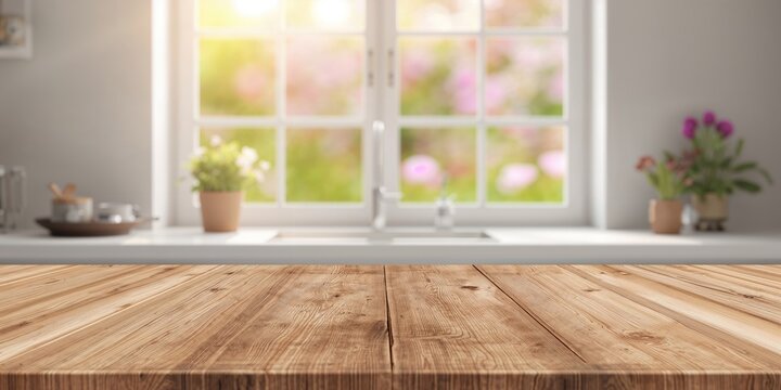 Wooden tabletop with a spring window background, ideal for editorial headers and background layouts, Earth Day