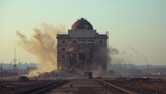 Industrial site clearance with dynamite explosion, focusing on demolition process and safety protocols