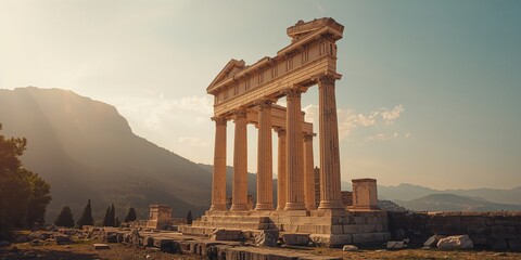 Ruins of a classical temple in Delphi, focusing on historical architecture