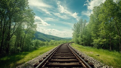 Obraz premium Wooden railway line amid lush forest in the Carpathian Mountains, environmental preservation