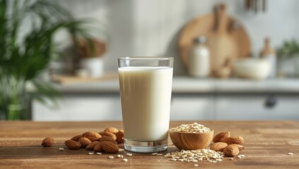 Plant-based milk options in glass containers and a cup, emphasizing dairy-free nutrition, World Vegan Day