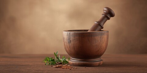 Ancient wooden mortar and pestle used in traditional Asian cooking, kitchen tool for food preparation, Earth Day