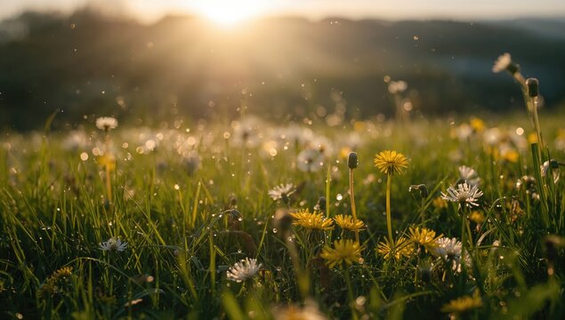 Close-up of spring flowers on a meadow in early morning with golden sunlight, highlighting seasonal renewal and daytime lighting