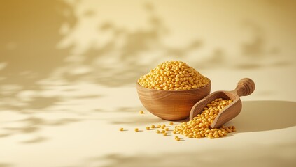 Yellow lentils in a wooden bowl prepared for cooking with a focus on wholesome ingredients, World Food Day