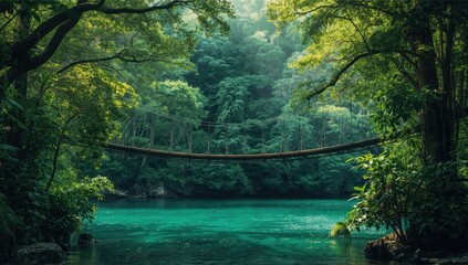 River crossing with a suspension bridge, highlighting engineering and load distribution