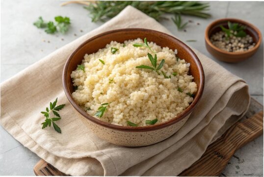 Cooked fonio served in a rustic bowl, fluffy steamed fonio garnished with fresh herbs, placed on a linen cloth,