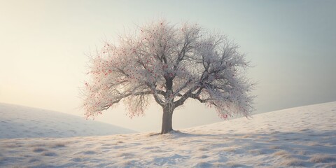 Winter rowan tree with ripe red berries, snow-covered branches, and frost, seasonal change