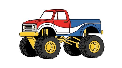 Cartoon Monster Truck with Big Wheels and Red White Blue Design.