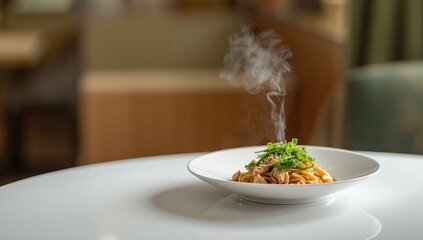 Asian pasta dish featuring minced chicken and fresh greens, suitable for culinary layout or menu backdrop