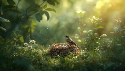 Nest of a Barred Warbler situated in a natural environment, highlighting bird breeding activities in rural Russia