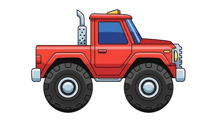 Cartoon Red Monster Truck with Big Tires and Exhaust Pipe.