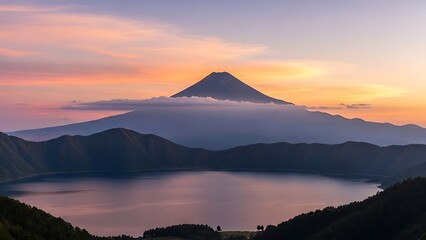 Stunning view of mount fuji reflected in a calm lake during a vibrant sunset with soft clouds surrounding the peak, japan landscape