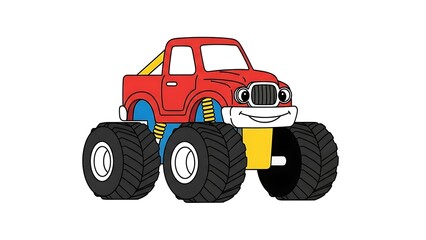 Cartoon Red Monster Truck with Big Tires and Smiling Face.
