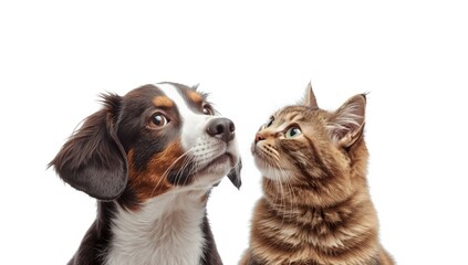 Fototapeta premium A detailed shot of a dog and cat gazing at each other with empty space overhead, highlighting animal communication