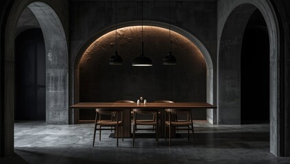 3d visualization of a contemporary loft dining area featuring a table and chairs, emphasizing interior decor