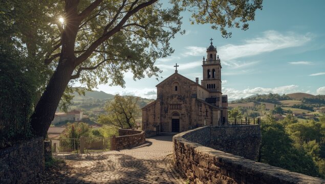 Ancient European church with surrounding greenery and landscape features, showcasing historic architecture and walls
