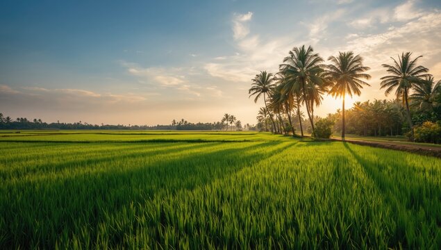 Agricultural scene with rice paddies, palm trees, and sunlight in Pathum Thani, Thailand, highlighting seasonal growth