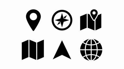 Six black vector icons displaying global navigation, location pin, compass, map and direction symbols, concept for mobile app interfaces, GPS tracking systems and website design