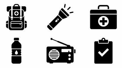 Set of black glyph icons representing emergency survival gear including a backpack, flashlight and first aid kit, concept for disaster preparedness, outdoor adventure planning and safety guidelines