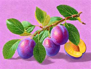 Ripe plums on a branch with glistening water droplets and verdant leaves arranged elegantly on reflective surface