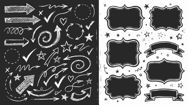 Hand-drawn vector doodle collection featuring arrows, stars, checkmarks and decorative chalkboard frames, concept for user interface elements, school projects and data visualization